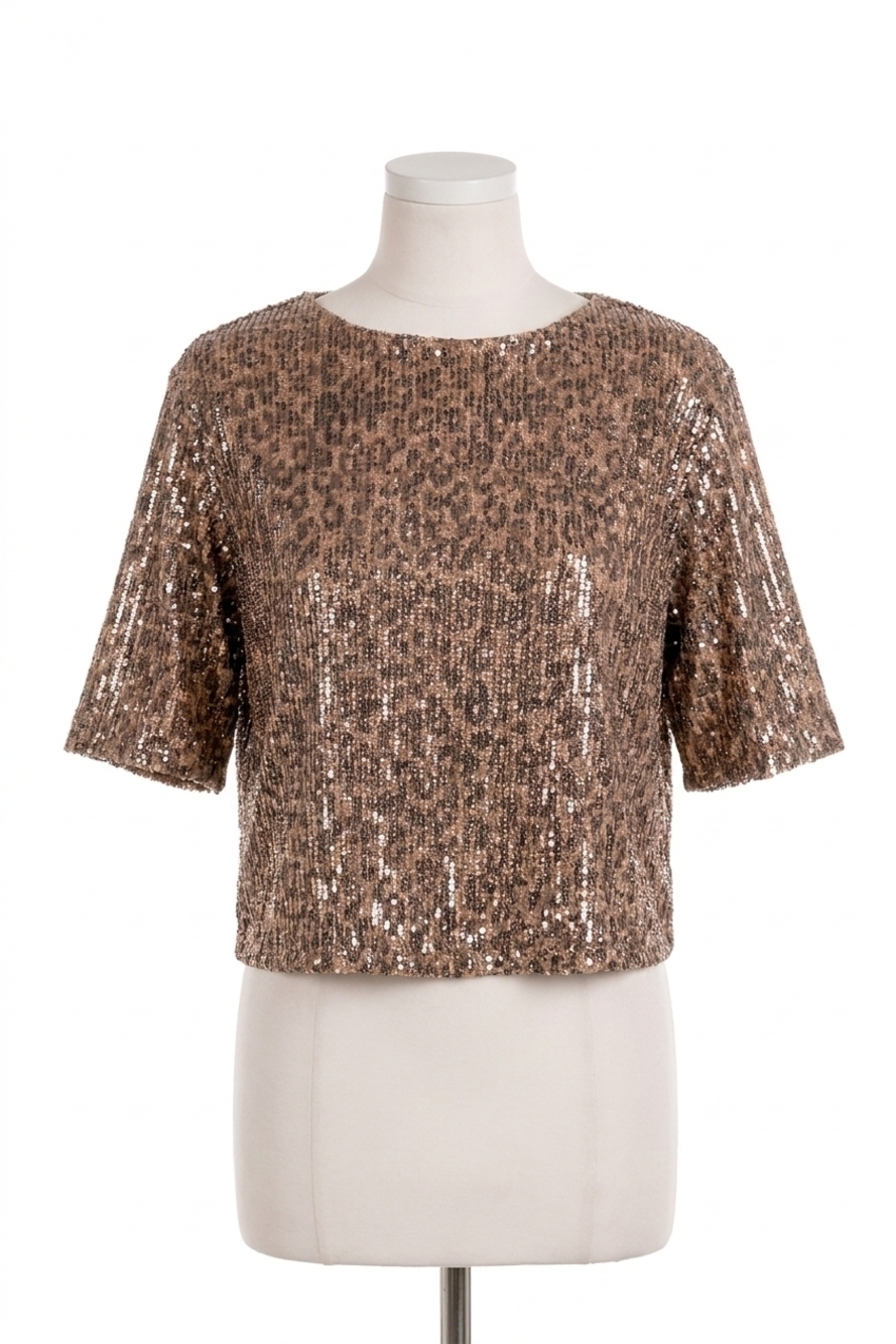 NEW ELAN sequin cheetah print top in beige